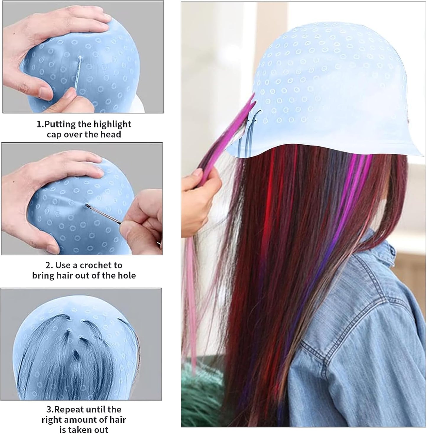8PCS Hair Highlighting Cap and Hook Kit, Silicone Reusable Streaking Caps for Hair Dye for Women &amp; Men, Perfect for Salon and Home Use (Blue)