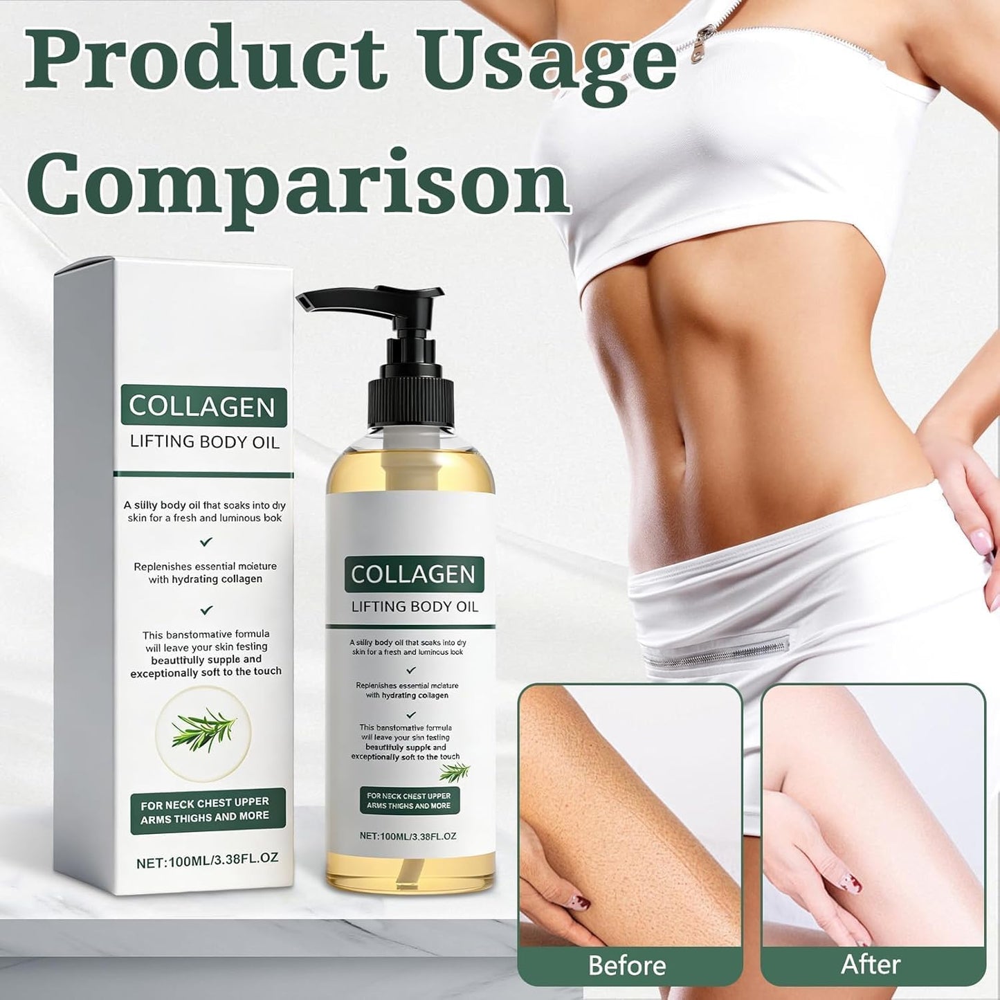 Collagen Lifting Body Oil, Collagen Oil For Skin Tightening, Collagen Hydrating Body Oil with Rosemary, Firming Body Oils for Neck Chest Arms Legs Stomach, Moisturizes &amp; Smoother Skin 100ml