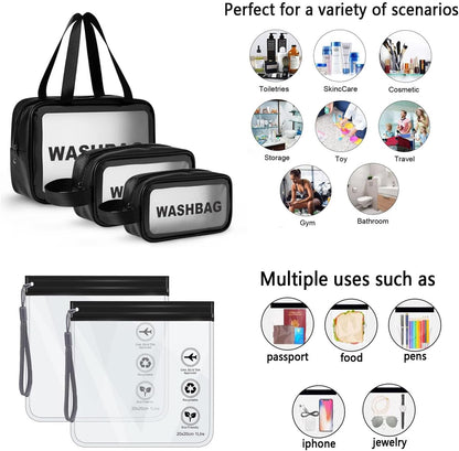 WUBAYI 5Pcs Clear Toiletry Bag, Waterproof PU Makeup Bag with Zipper Handle, Portable Airport Cosmetic Bag for Women &amp; Men, Travel Accessories Wash Bag for Travelling &amp; Holiday (Black)