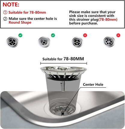 Armo® Stainless Steel Sink Strainers with Hair Catcher, 78MM Diameter, Pack of 2