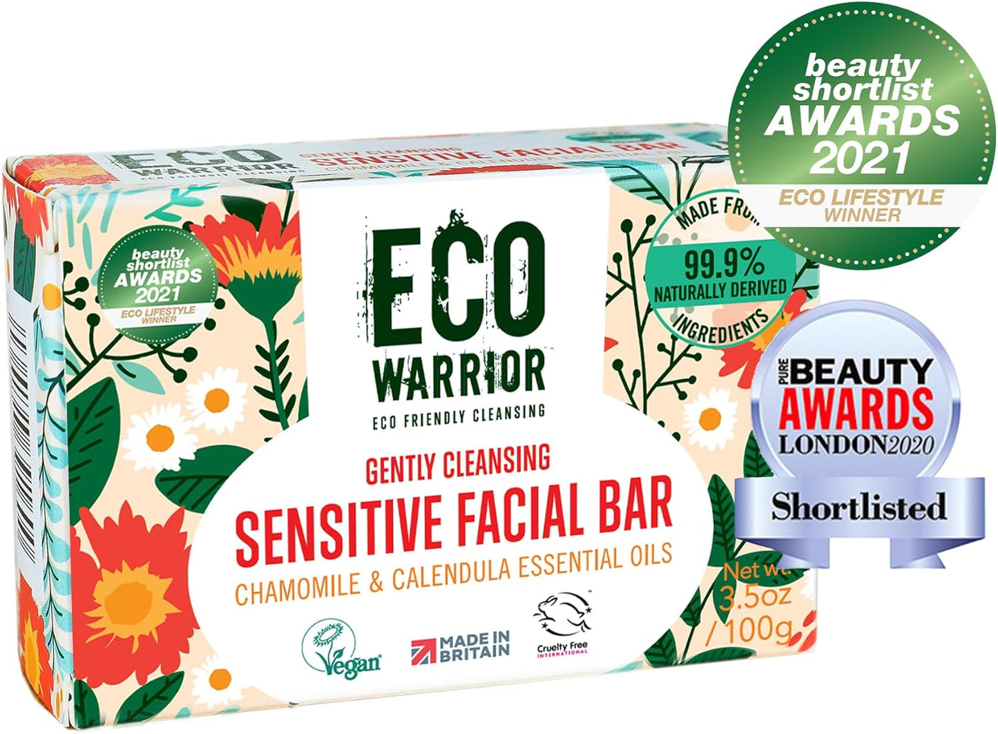 Eco Warrior Sensitive Facial Bar Soap | Vegan, Cruelty-Free, No SLS or Parabens, Eco Friendly - Gently Cleansing Natural Soap Bar Made with Castile Olive, Chamomile &amp; Calendula Essential Oils, 100g