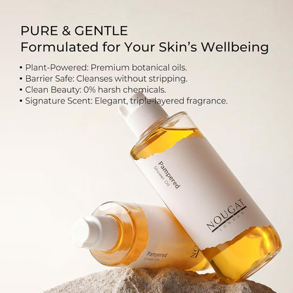 NOUGAT Pampered Shower Oil for Daily Bath Routine, Transforming Oil-to-Milk Body Cleanser for Makeup &amp; Sunscreen Removal, Hydrating Botanical Wash for Dry Skin Relaxation at Home, Exotic Scent, 372g
