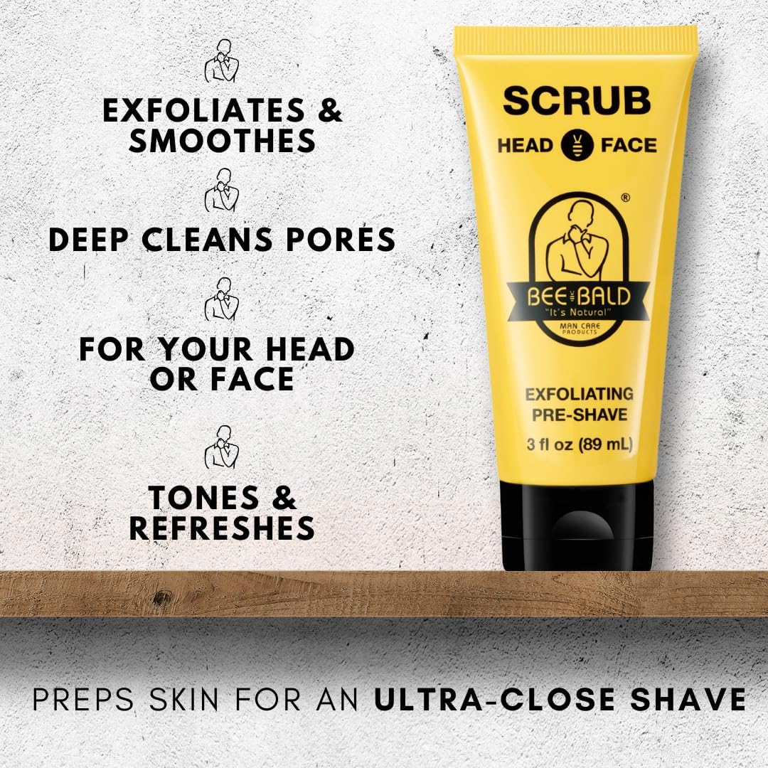 Bee Bald SCRUB Exfoliating Pre-Shave deep cleans and removes pore clogging dirt, oil and dry, flaky skin, preparing it for a ‘super close shave’ and leaving it ‘smoother than a baby's behind’