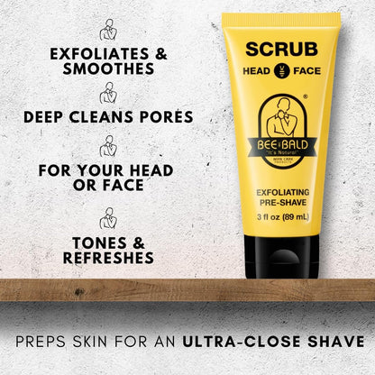 Bee Bald SCRUB Exfoliating Pre-Shave deep cleans and removes pore clogging dirt, oil and dry, flaky skin, preparing it for a ‘super close shave’ and leaving it ‘smoother than a baby's behind’