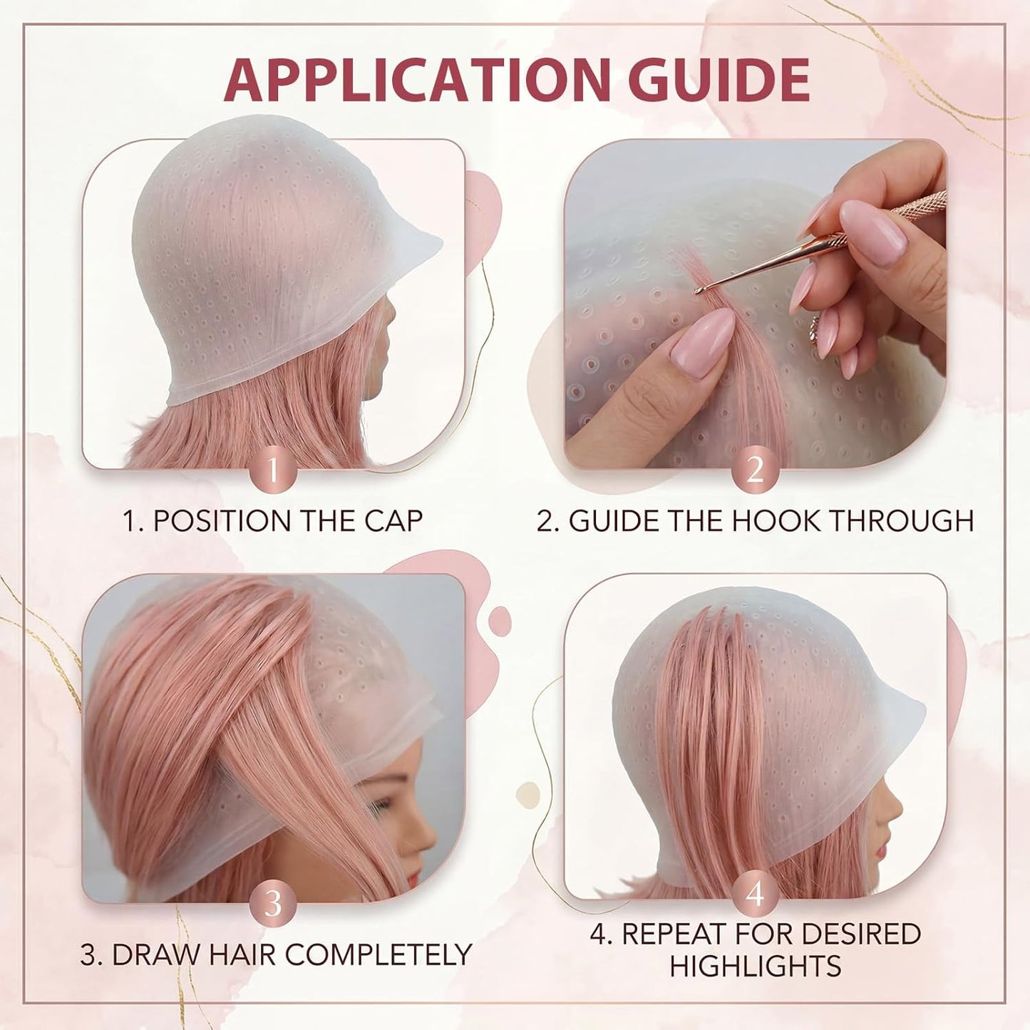 Hair Highlighting Kit with Highlighting Caps and Tools, 4PCS Professional Hair Streaking and Set for DIY Color, Salon Style Hair Highlights, Temporary or Semi Permanent Use