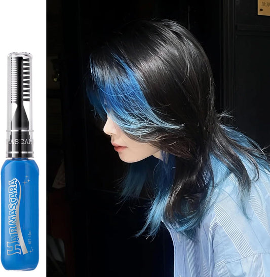 Blue Hair Chalk for Women, Hot Color Hair Mascara Wash Out, Washable Temporary Hair Dye for Men, Coloured Hair Spray with Comb, Festivals Party Cosplay Gift for Girl（15ml）