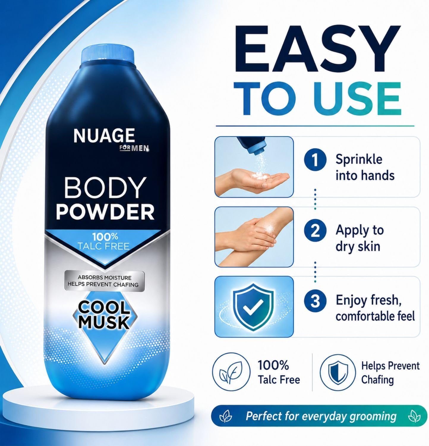 Body Powder for Men 100% Talc-Free Body Powder – 2 Pack (250g Each) – Aqua Fresh &amp; Cool Musk – Anti-Chafing, Sweat Control &amp; Odour Protection