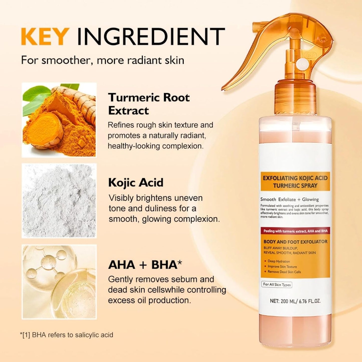 200ml Exfoliating Kojic Acid Turmeric Spray, Body Peel Shot SprayS, Face Peeling Kojic Acid Turmeric Spray, Turmerics Peel Shot Sprays, Gently Exfoliating Face &amp; Body Scrub for Smoother Skin