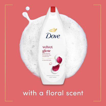 Dove Velvet Glow Body Wash Body Cleanser shower gel with plant-based moisturisers for softer, smoother skin after one shower 6x 225 ml