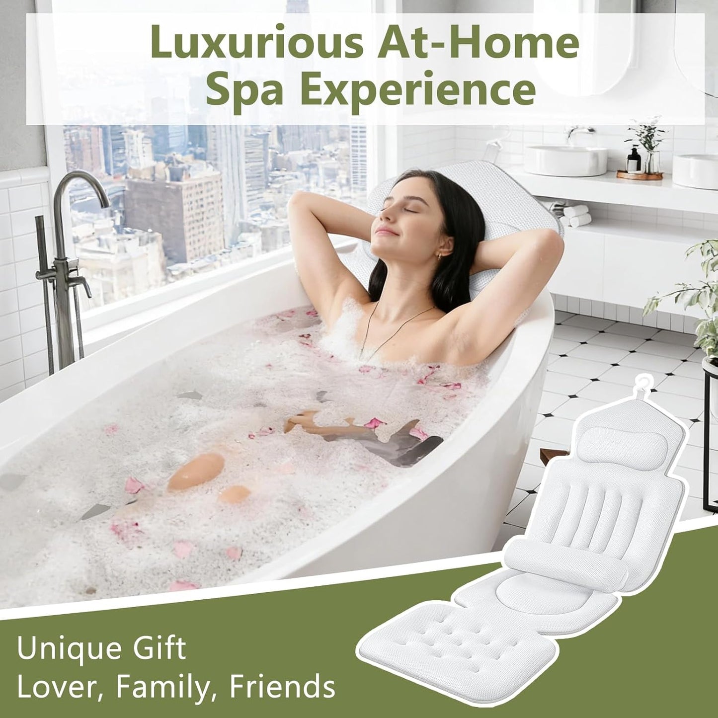 Full Body Bath Pillow for Head and Neck,Bath Cushion with Removable Lumbar Pillow, 4D Air Mesh Spa Bath Cushion,192 Suction Cups, Bath Pillow for Bathtub,Tub Pillow (White)