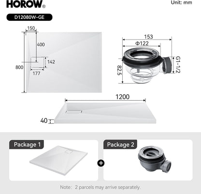HOROW Shower Tray 120x80 cm, White Acrylic Stone Effect Base – Large Anti-Slip Rectangular Slimline Tray, Warm-Touch Surface, Rapid Drainage