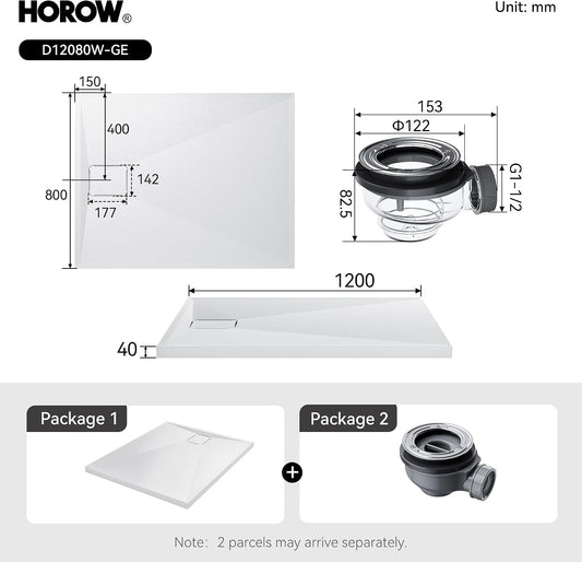 HOROW Shower Tray 120x80 cm, White Acrylic Stone Effect Base – Large Anti-Slip Rectangular Slimline Tray, Warm-Touch Surface, Rapid Drainage