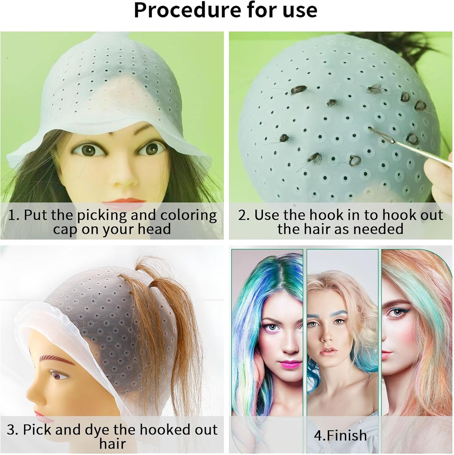 Highlight Cap, 12 Pieces Hair Dye Set, Highlight Hood with Pre-punched Holes, Reusable Silicone Cap for Hair Dyeing Protection, Black