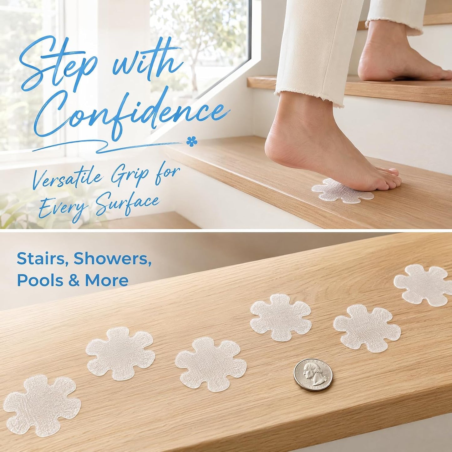Zirax 30 PCS Clear Anti Slip Shower Stickers, Transparent Non Slip Bath Stickers for Bathtub, Adhesive Bathroom Stickers Safety Treads with Scraper for Stairs, Shower Room, Floors
