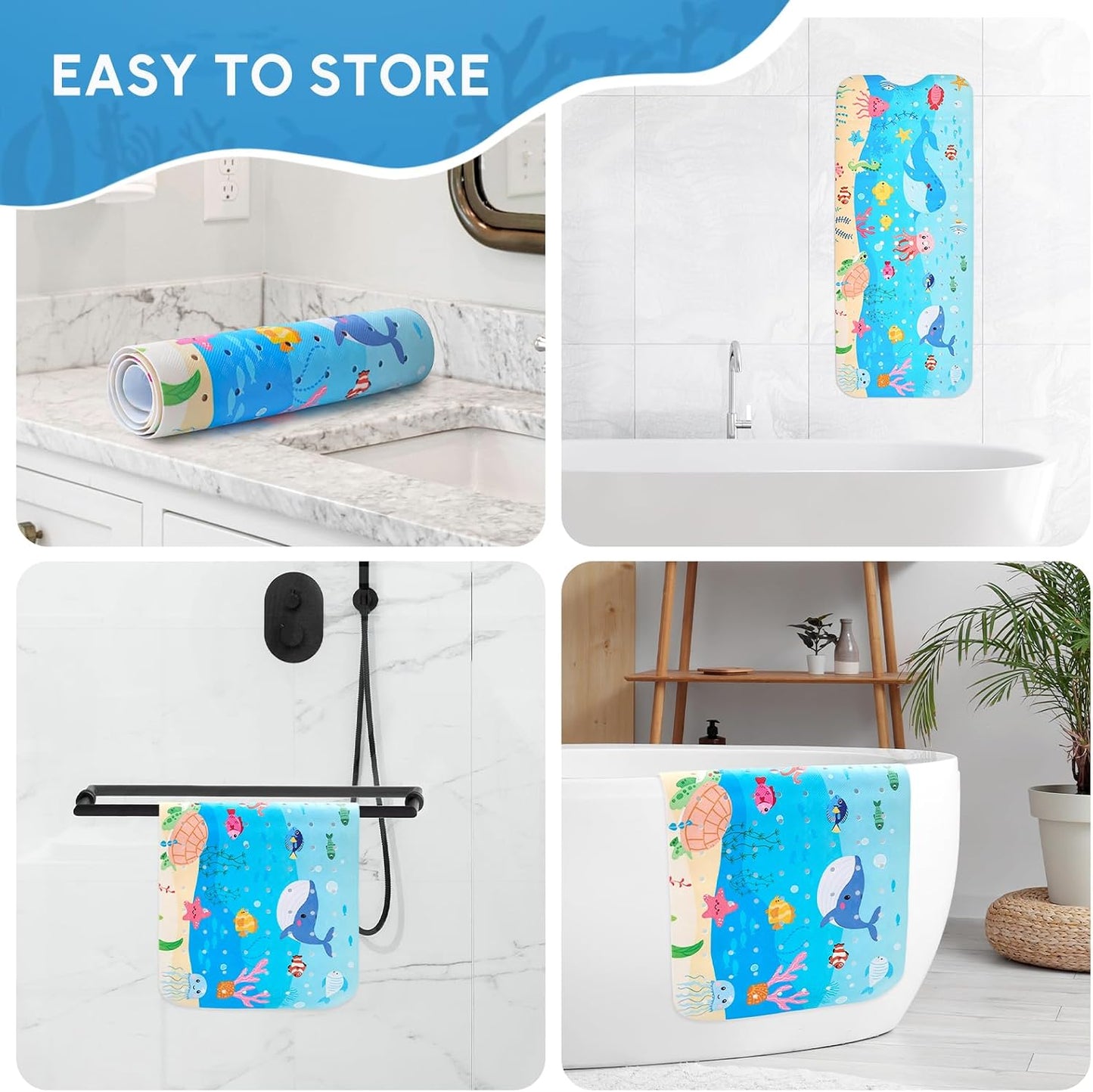 WELTRXE Baby Bath Mat Non Slip Anti Mould, 100x40cm Extra Long Bathtub Mat for Kids, Large Shower Mat for inside bath, Soft Tub Mat with Strong Suction Cups, Cartoon Bathroom Mat, Whale