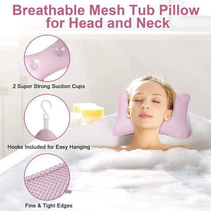 3D Bath Pillow for Bathtub - Breathable Mesh Tub Pillow for Head and Neck, Rectangular BathPillow with 2 Strong Suction Cups, Ergonomic Luxury Bath Pillow for Optimal Neck Relaxation(Pink)
