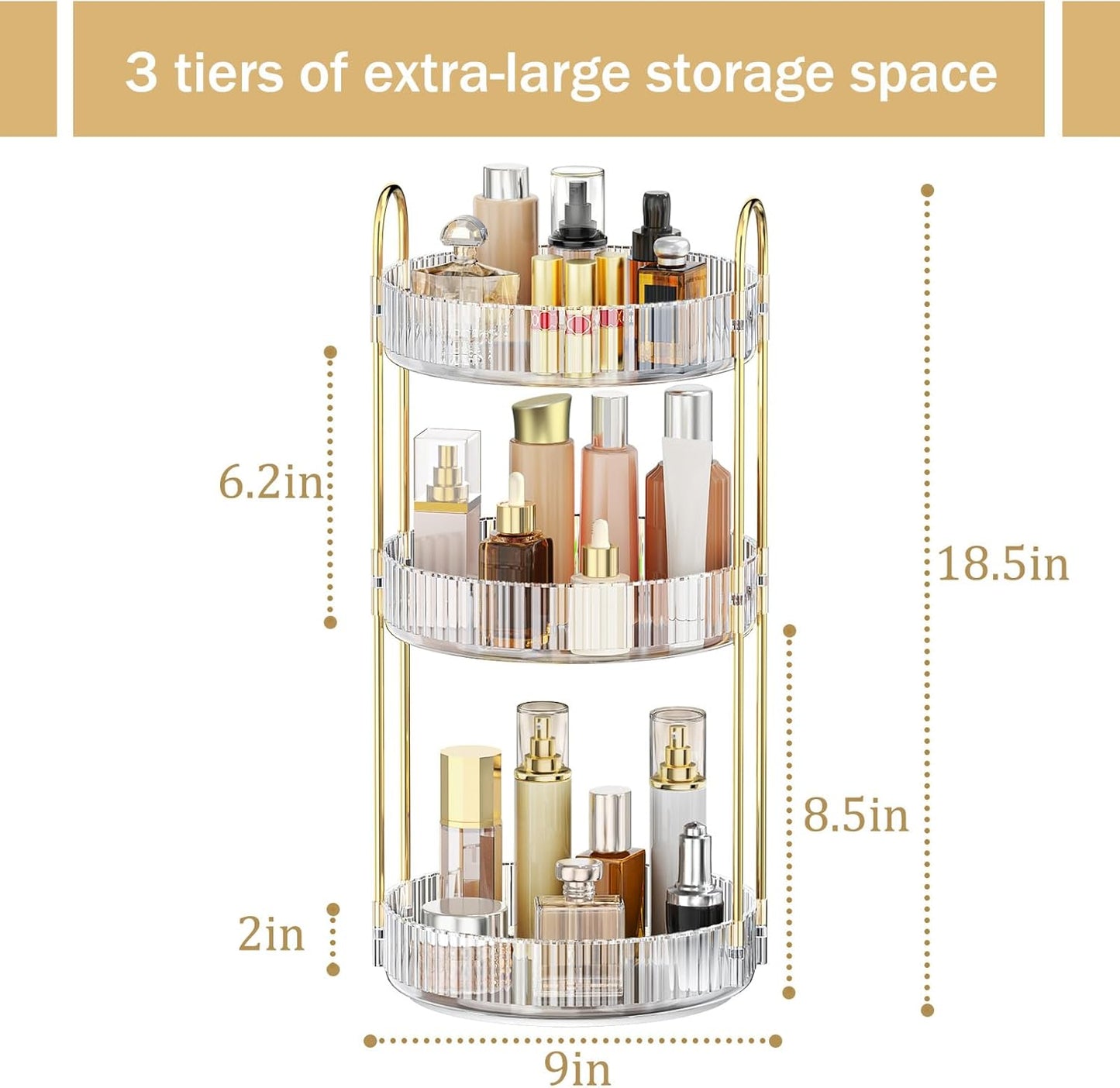 MOKANI 360 Rotating Makeup Organiser, 3 Tiers Spinning Skincare Organiser, Multi-Function Make Up Storage, Large Capacity Cosmetic Perfume Stand for Vanity, Bathroom and Bedroom