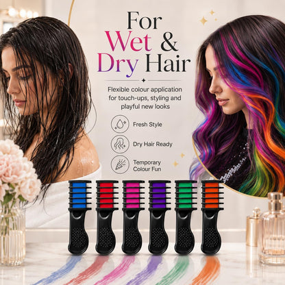 6PK Hair Colour Combs - Instant Temporary Hair Colour Brushes for Wet &amp; Dry Hair - Perfect for Festivals, Parties, Weddings (PACK OF 6)