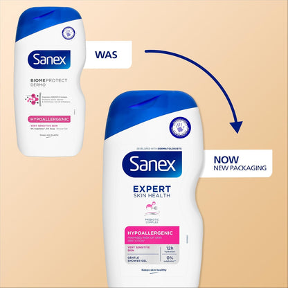 Sanex Expert Skin Health Hypoallergenic Shower Gel l 570ml, for Very Sensitive Skin, Sensitive Shower Gel, 12 Hour Hydration, Prebiotic &amp; Postbiotic Complex, Dermatologically Tested, 0% Sulphates**