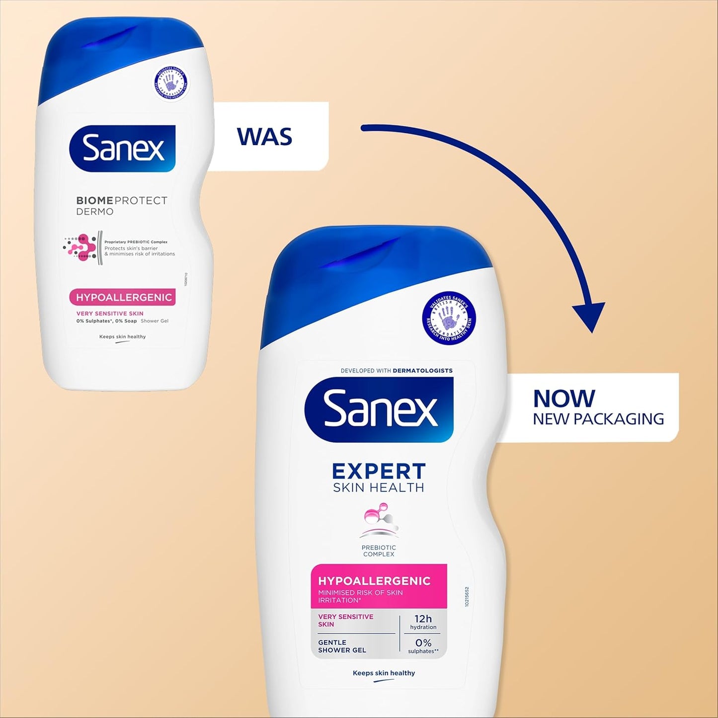 Sanex Expert Skin Health Hypoallergenic Shower Gel l 570ml, for Very Sensitive Skin, Sensitive Shower Gel, 12 Hour Hydration, Prebiotic &amp; Postbiotic Complex, Dermatologically Tested, 0% Sulphates**