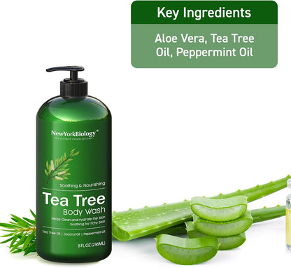 New York Biology Tea Tree Body Wash - Helps Nail Fungus, Athletes Foot, Ringworms, Jock Itch, Acne, Eczema &amp; Body Odor, Soothes Itching &amp; Promotes Healthy Skin and Feet - 236 ml