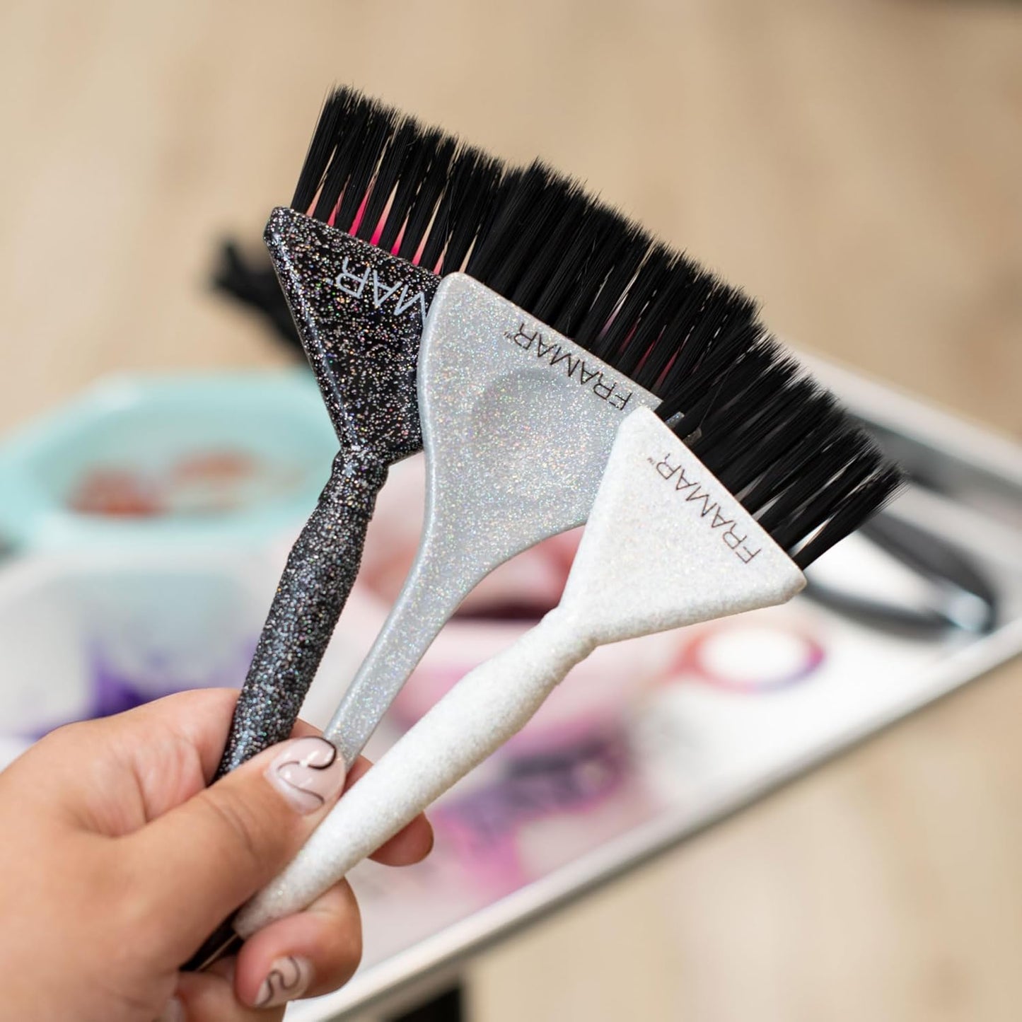 FRAMAR Hair Dye Brush Set – Hair Colour Brush For Hair Bleach Kit, Hair Tint Brush For Hair Lightener, Highlights Hair Dye Kit, Tinting Brush For Root Touch Up, Hair Highlighting Kit – 3 Pack Glitter