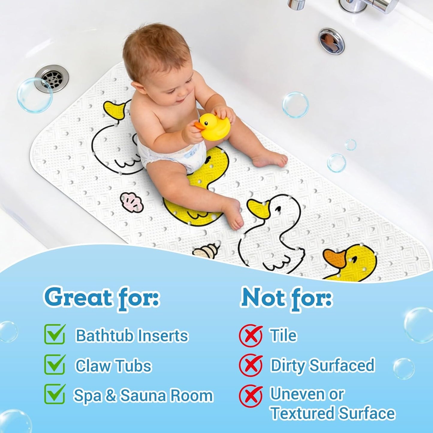 Baby Bath Mat Non Slip Anti Mould, 100x40cm Extra Large Anti Slip Shower Mat for Inside Shower, Quick Drying Bathroom Mat with Strong Suction Cups, Bathtub, Shower Floor, Wet Room (Duck)