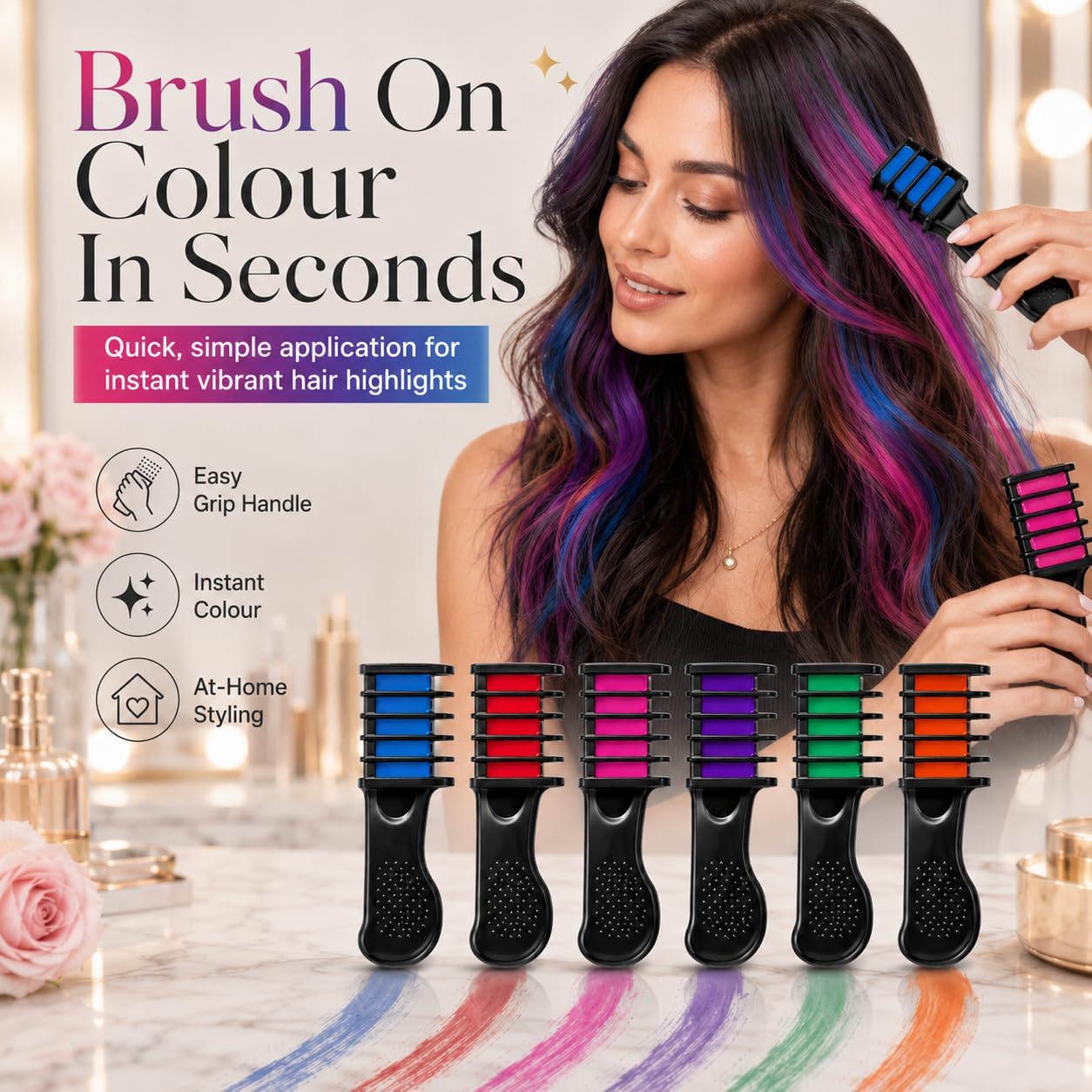 6PK Hair Colour Combs - Instant Temporary Hair Colour Brushes for Wet &amp; Dry Hair - Perfect for Festivals, Parties, Weddings (PACK OF 6)