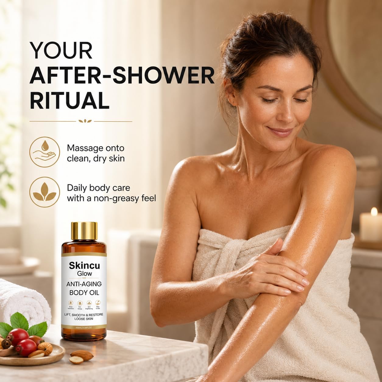 Skincu Anti Aging Body Oil for Women, Firming Body Oil for Dry Mature-Looking Skin, Lightweight Non Greasy Moisturising After Shower Massage Oil 100ml