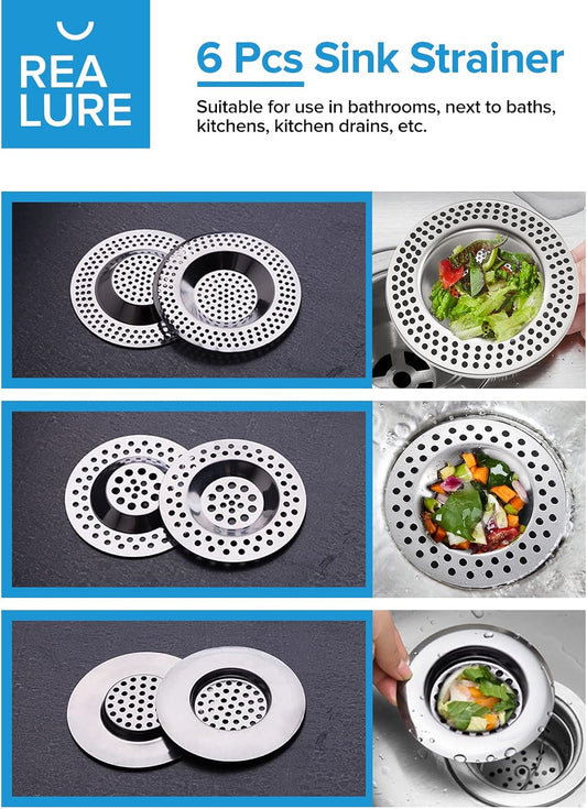 Realure (Set of 6 Pcs) 3 Sizes Kitchen Sink Strainer Hair Catcher for Shower Drain Cover Sink Plug Strainer for Drainer Protector Blocker Filter Bath Plug Hole Cover Sink Sieve Strainer Metal (6 PCS)