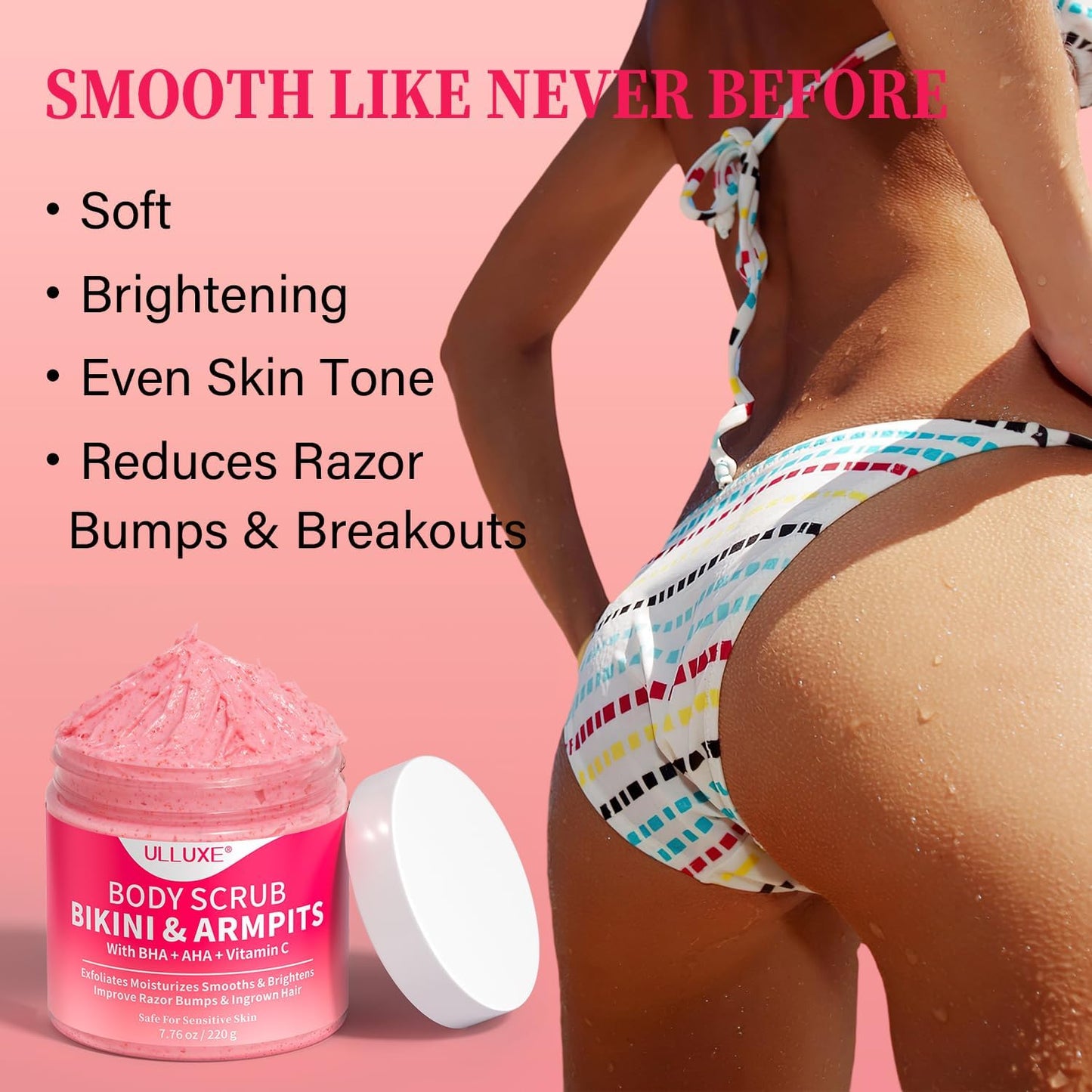 Bikini Exfoliating Scrub with 10% AHA + BHA &amp; Vitamin C, Exfoliating Body Scrub for Ingrown Hair and Underarm Bumps, Dark Spots, Moisturize Brighten Soothe &amp; Even Skin Tone, Sensitive Skin Safe,220g