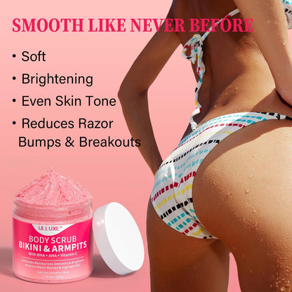 Bikini Exfoliating Scrub with 10% AHA + BHA &amp; Vitamin C, Exfoliating Body Scrub for Ingrown Hair and Underarm Bumps, Dark Spots, Moisturize Brighten Soothe &amp; Even Skin Tone, Sensitive Skin Safe,220g