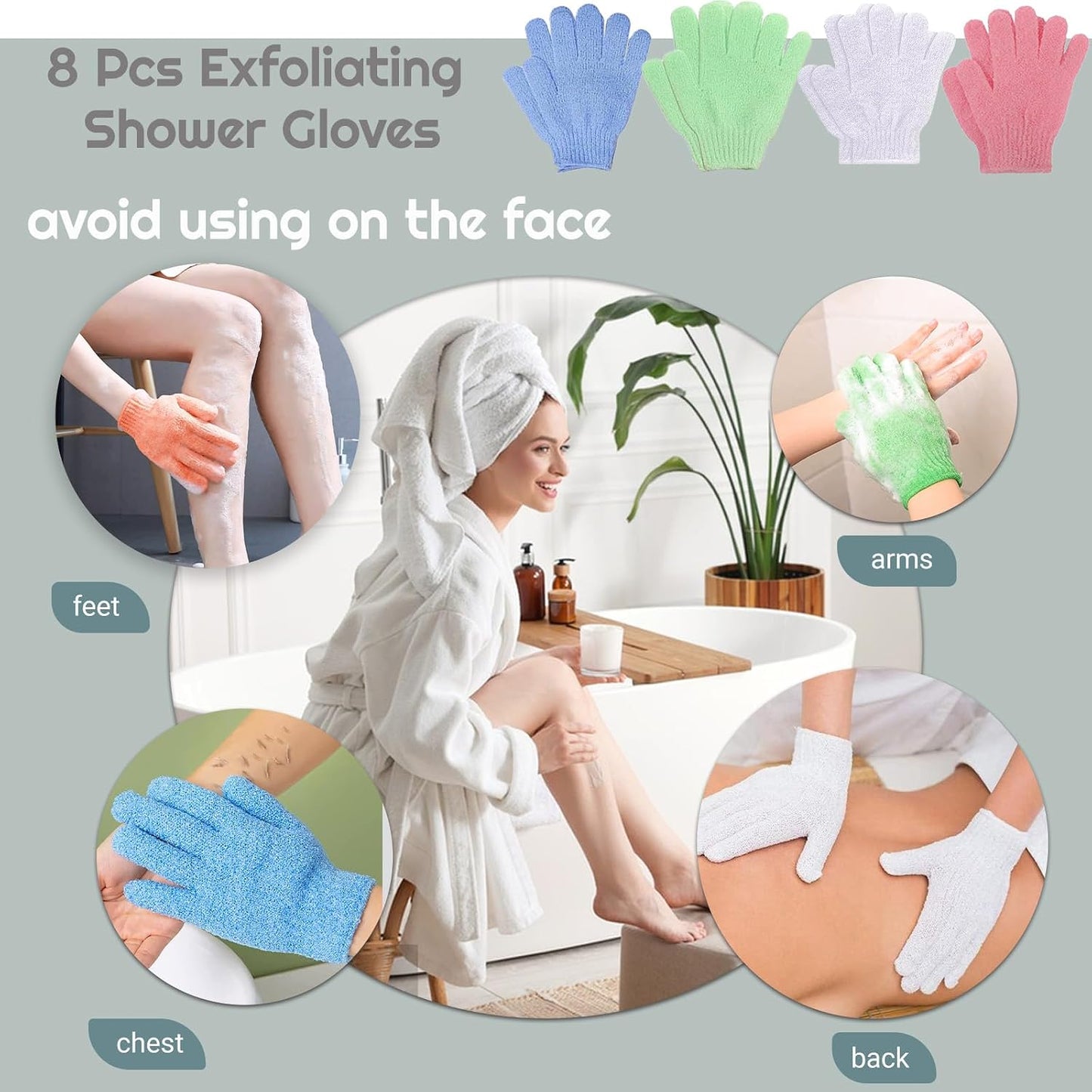 8 Pcs Shower Gloves Exfoliating, Double Sided Deep Clean Body Exfoliator Scrub for Women &amp; Men (4 Pairs) Shower Gloves Bath Sponge Exfoliating Mitt for Shower, Spa, Massage, Dead Skin Cell Remover