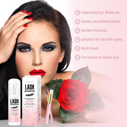 Lash Shampoo, 60ml + Foam + Wand + Brush, Lash Remover, Eyelash Remover for Extensions, Eyelash Shampoo Foam Bath, Deep Makeup Remover, for Home or Salon Use