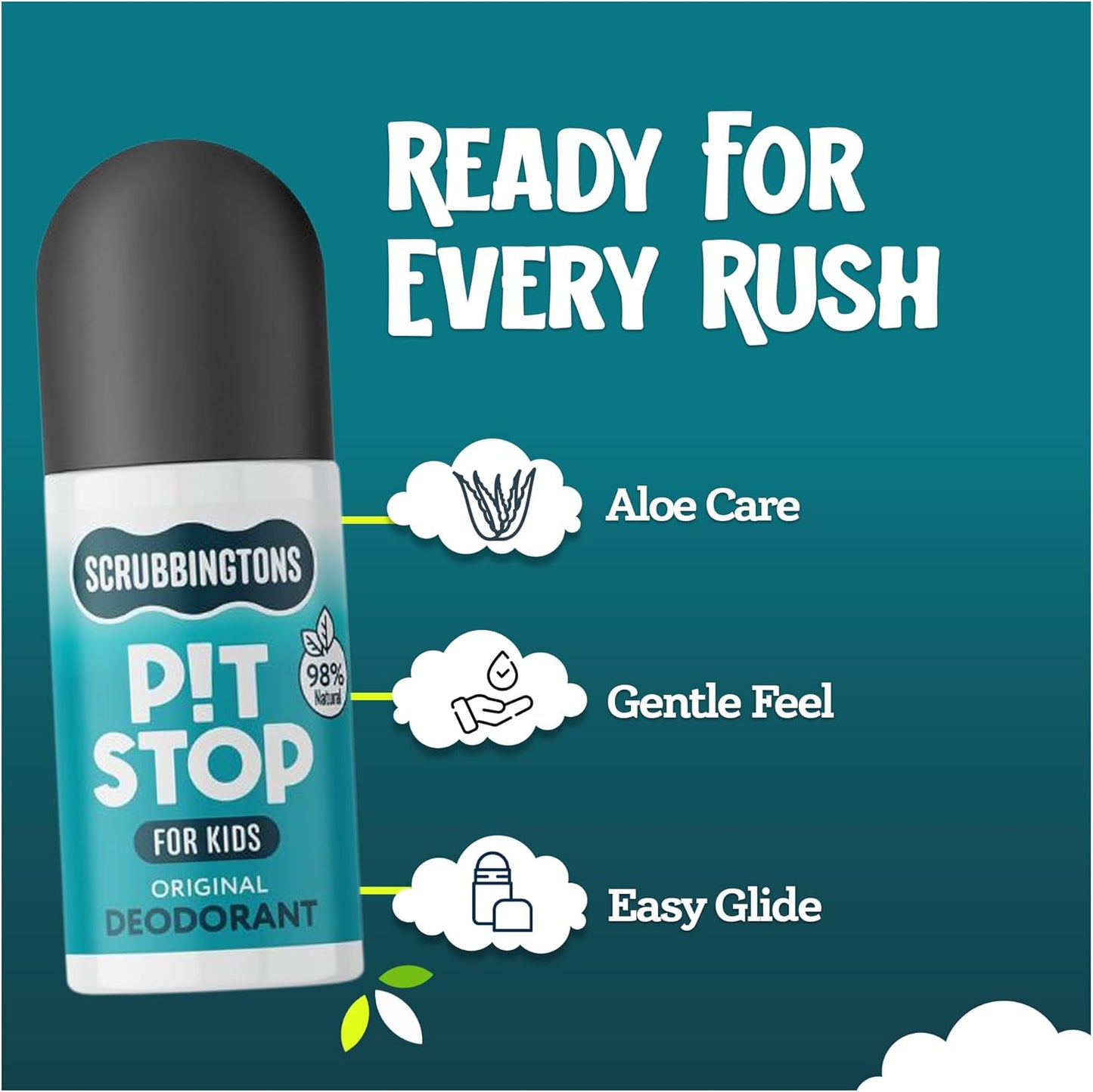 Scrubbingtons Pit Stop Kids Deodorant Natural Roll On For Children, Teens. Made in UK, 98% Natural Ingredients For Sensitive Skin. Paediatrician approved, Aluminium &amp; Alcohol Free, Original, 75ml