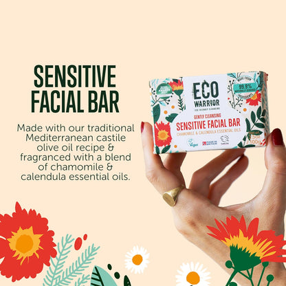 Eco Warrior Sensitive Facial Bar Soap | Vegan, Cruelty-Free, No SLS or Parabens, Eco Friendly - Gently Cleansing Natural Soap Bar Made with Castile Olive, Chamomile &amp; Calendula Essential Oils, 100g