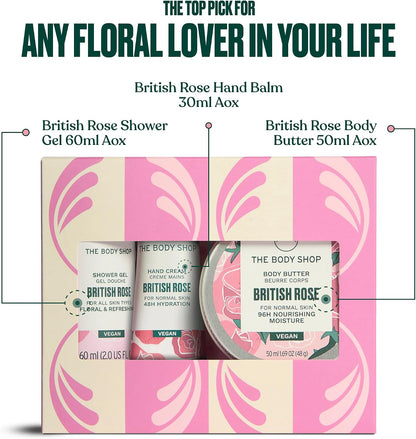 The Body Shop British Rose Mini Gift Set, Shower Gel 60ml, Body Butter 50ml, Hand Cream 30ml, Floral Body Care Trio, Cleansing, 96hr Moisture, Softening Glow, Vegan Skincare Gift