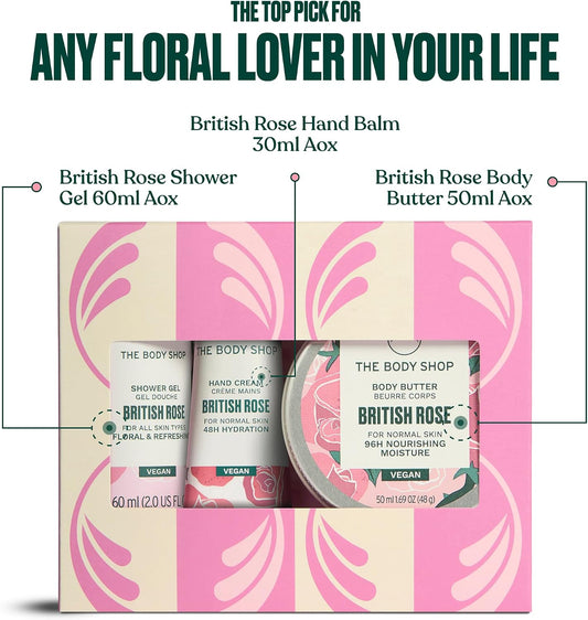 The Body Shop British Rose Mini Gift Set, Shower Gel 60ml, Body Butter 50ml, Hand Cream 30ml, Floral Body Care Trio, Cleansing, 96hr Moisture, Softening Glow, Vegan Skincare Gift