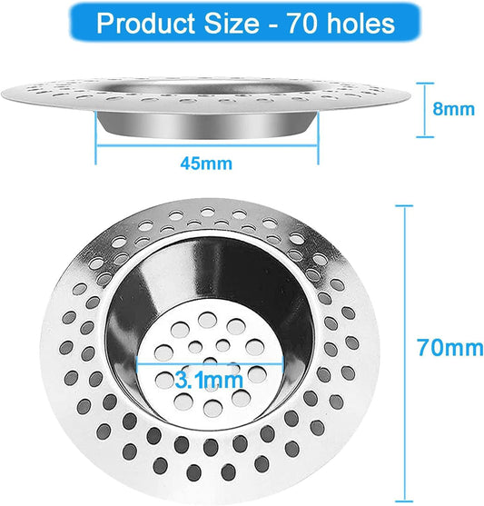 Tomario Stainless Steel Kitchen Sink Strainer Plug, Standard Strainer Drain Protector Hair/Food Catcher for Bathroom, Kitchen, Shower (External Diameter 7cm, Inner Diameter 3.3cm, Pack of 2)