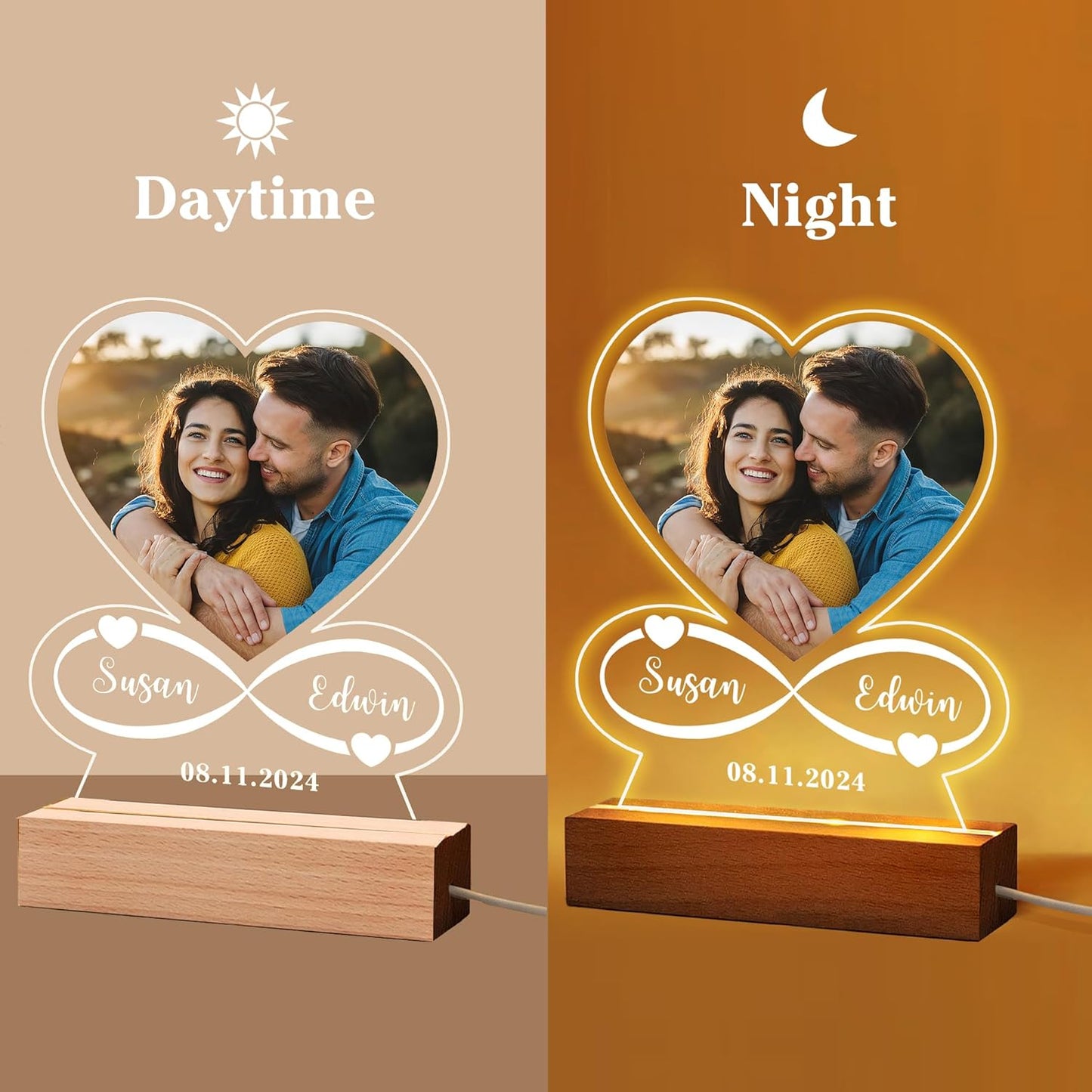 Personalised Gifts for Women Girlfriend Boyfriend Photo for Christmas Acrylic Plaque Custom Night Lights Picture Frame for Birthday Mothers Day Christmas Valentines Gifts(Heart-Photo)