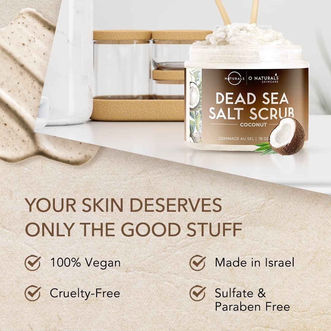 O Naturals Coconut Exfoliating Body Scrub with Dead Sea Salt &amp; Almond Oil - Natural Salt Scrub for Smooth Skin - Hydrating Body Exfoliator