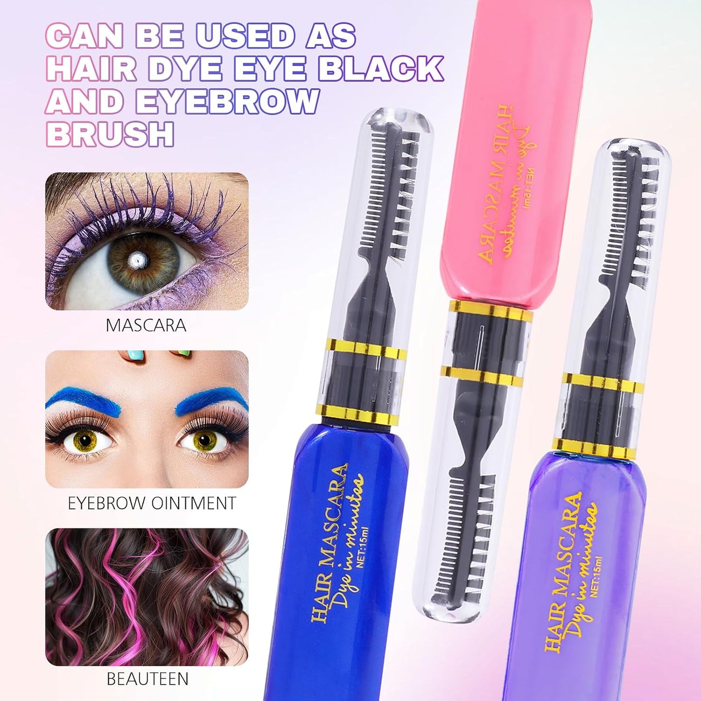 Hair Mascara Instant Hair Color Dye Temporary, 3 Colors Washable Bright Hair Mascara Chalk for Women, Birthday Halloween Cosplay DIY Makeup