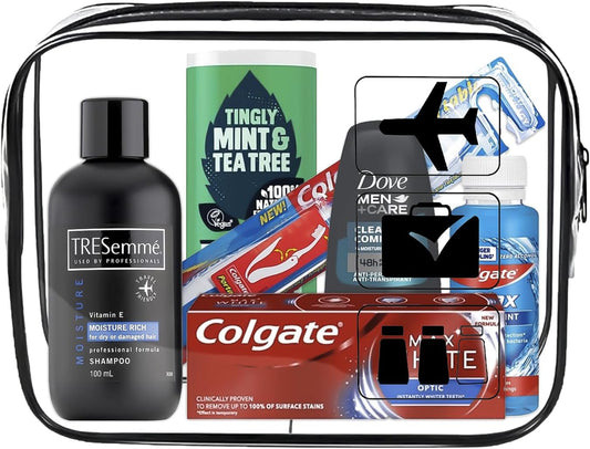 Men’s Travel Toiletries Set– Airport Security Approved, Clear Travel Bag, Shampoo, Shower Gel, Anti-Perspirant Roll On Deodorant, Toothpaste, Mouthwash, Foldable Toothbrush. Perfect For Holidays