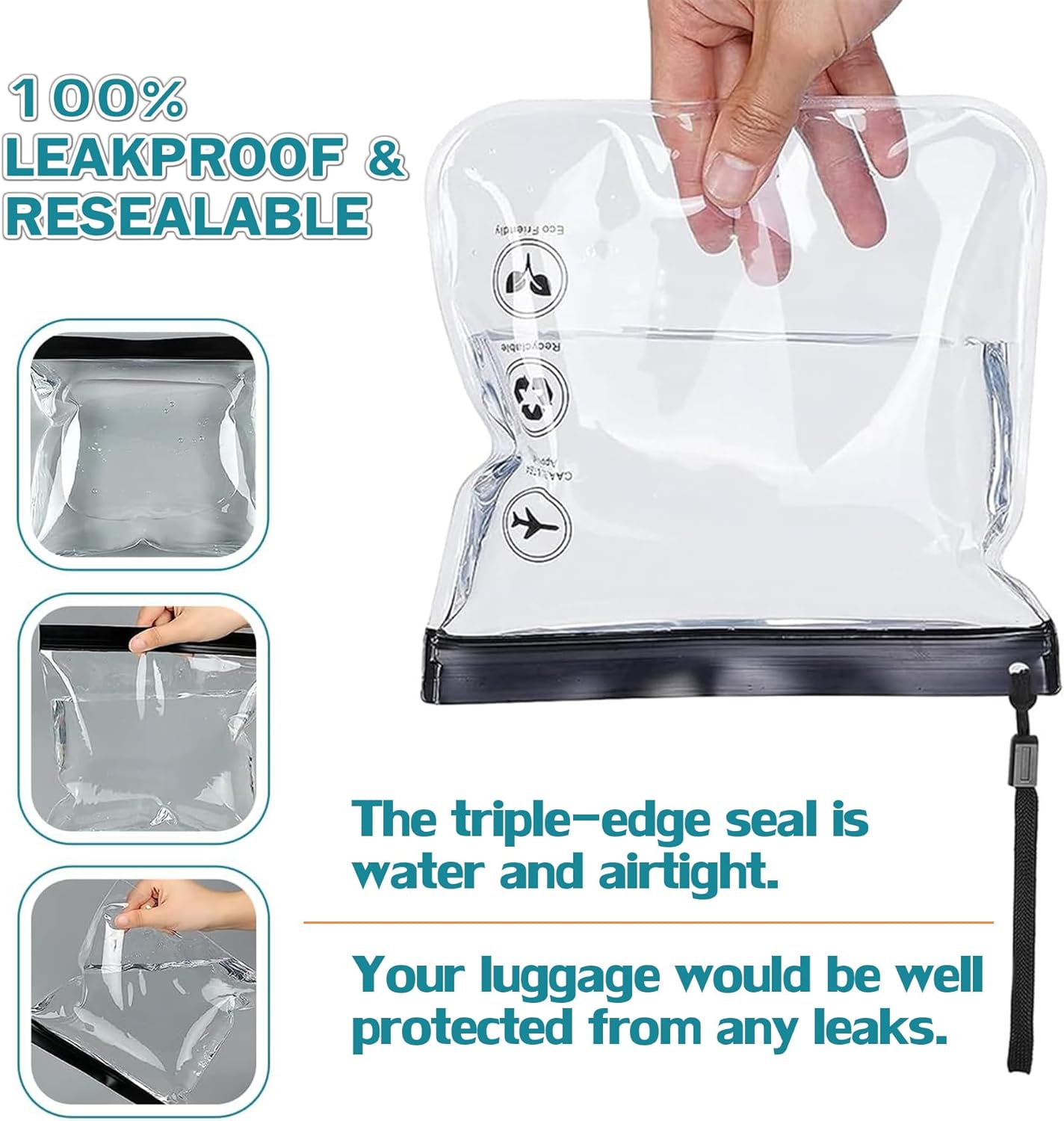 Caija-H 5pcs Clear Travel Toiletry Bag - Airport Security Liquids Bags, Airport Liquid Bag 20 x 20cm TSA Approved, Travel Accessories/Holiday Essentials Makeup Bags/HangLuggage for Men Women