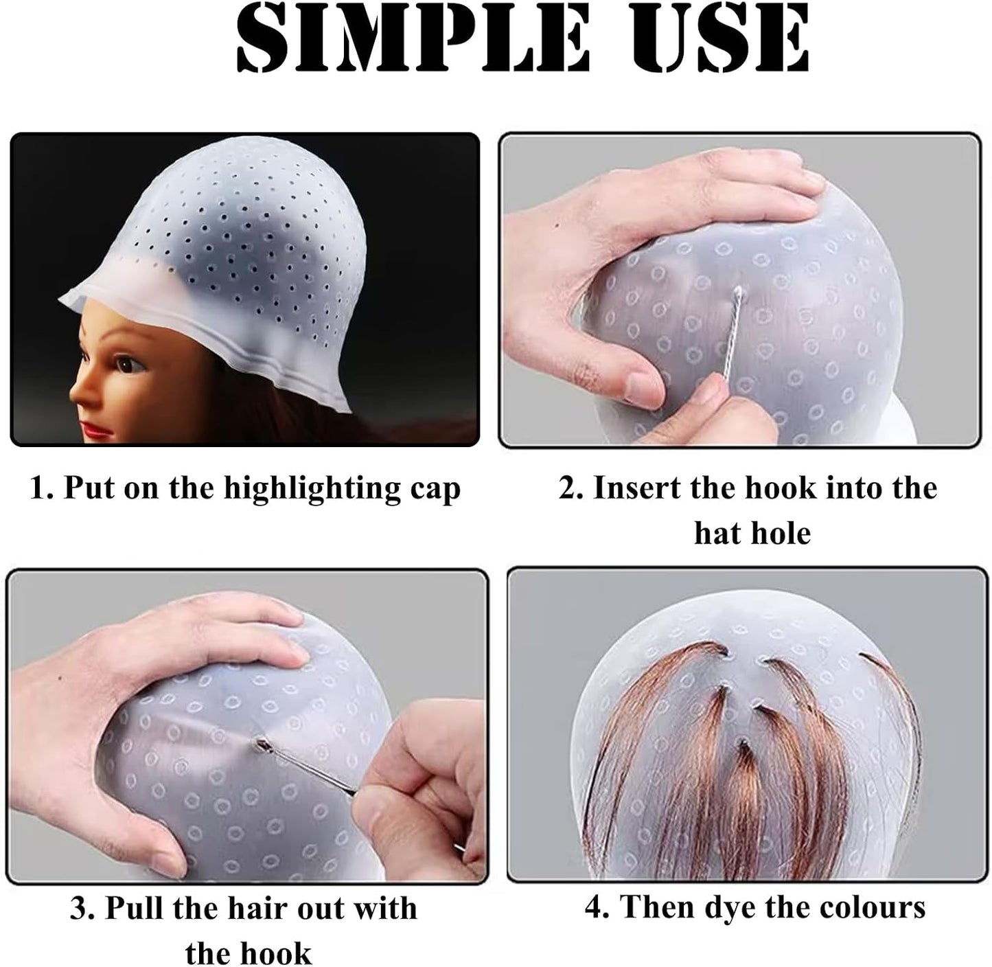 Silicone Highlight Cap Kit, Highlighting Cap with Hook Hair Dye Comb Brush, Professional Highlighting Cap and Hook Kit for Women Men