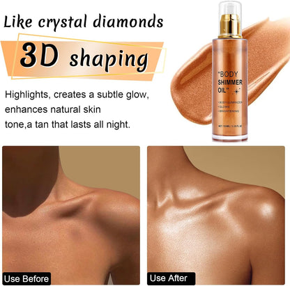 Body Shimmer Oil 100ml, Long Lasting Moisturizing Face &amp; Body Luminizer, Waterproof Liquid Illuminator, Shimmer Glitter Oil Highlighter (Golden Brown)