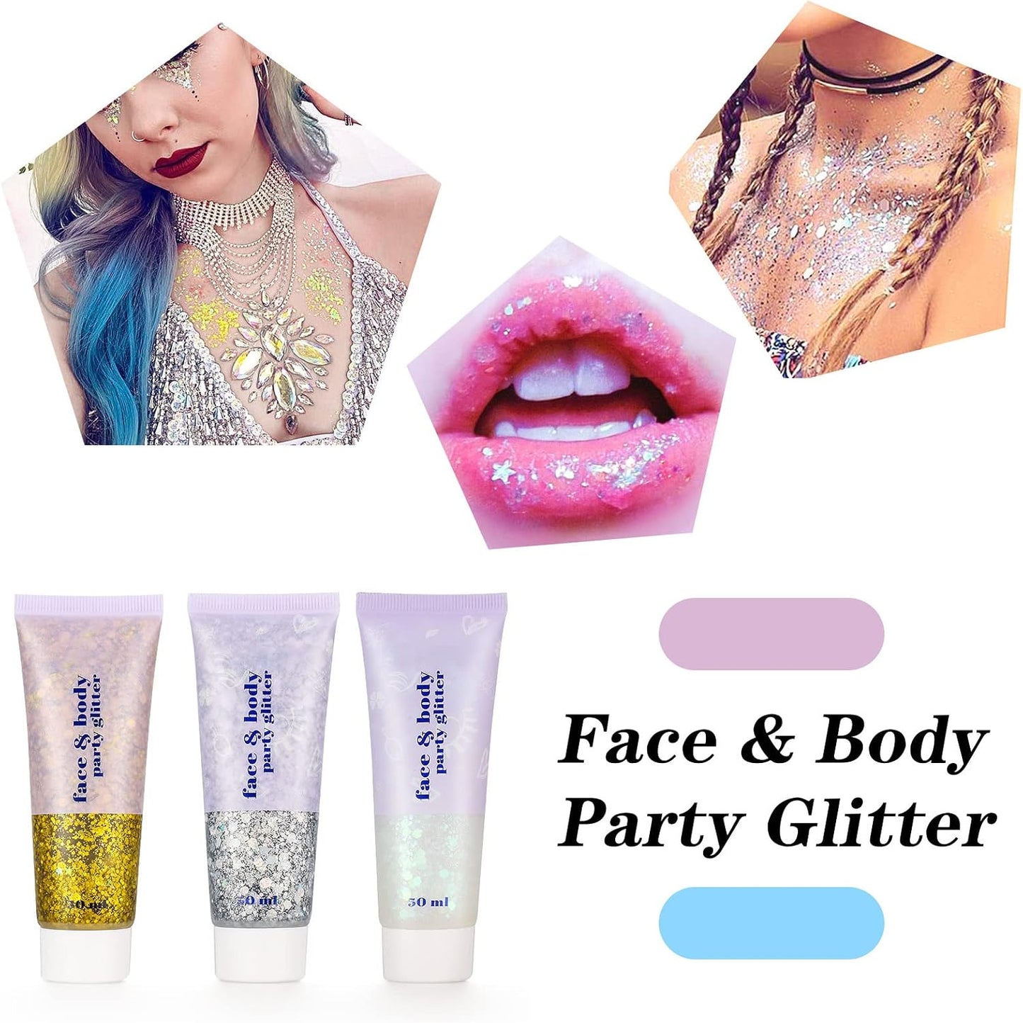 Dacitiery 3Pcs Body Glitter Gel, 50 ml Mermaid Sequins Sparkling Liquid Eyeshadow Sequins Glitter for Face Body Eye Hair Nail DIY Art Festival Party Makeup Decoration