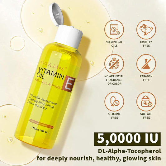 MAYJAM Vitamin E Oil - 118ML - Pure and Natural Vitamin E Oil for Skin, Strengthens and Moisturizes Hair, for Dryness, Wrinkles, Uneven Skin Tone