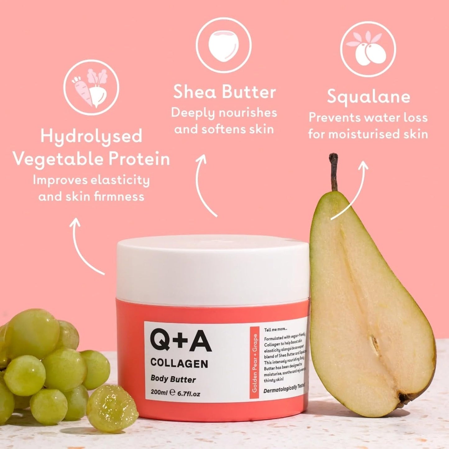 Q+A Collagen Body Butter: Luxuriously Rich, Intensely Moisturising Vegan Formula with Hydrolysed Vegetable Protein, Shea Butter, Squalane, and Golden Pear and Grape Scent for Soft, Supple Skin, 200ml