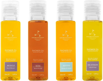 Aromatherapy Associates Shower Oil Collection - Essential Oil for Cleansing - Made of Natural Oil Blends - Aromatic Oils to Awaken Your Senses - Luxurious Oil-to-Milk Formula, 4 x 50ml